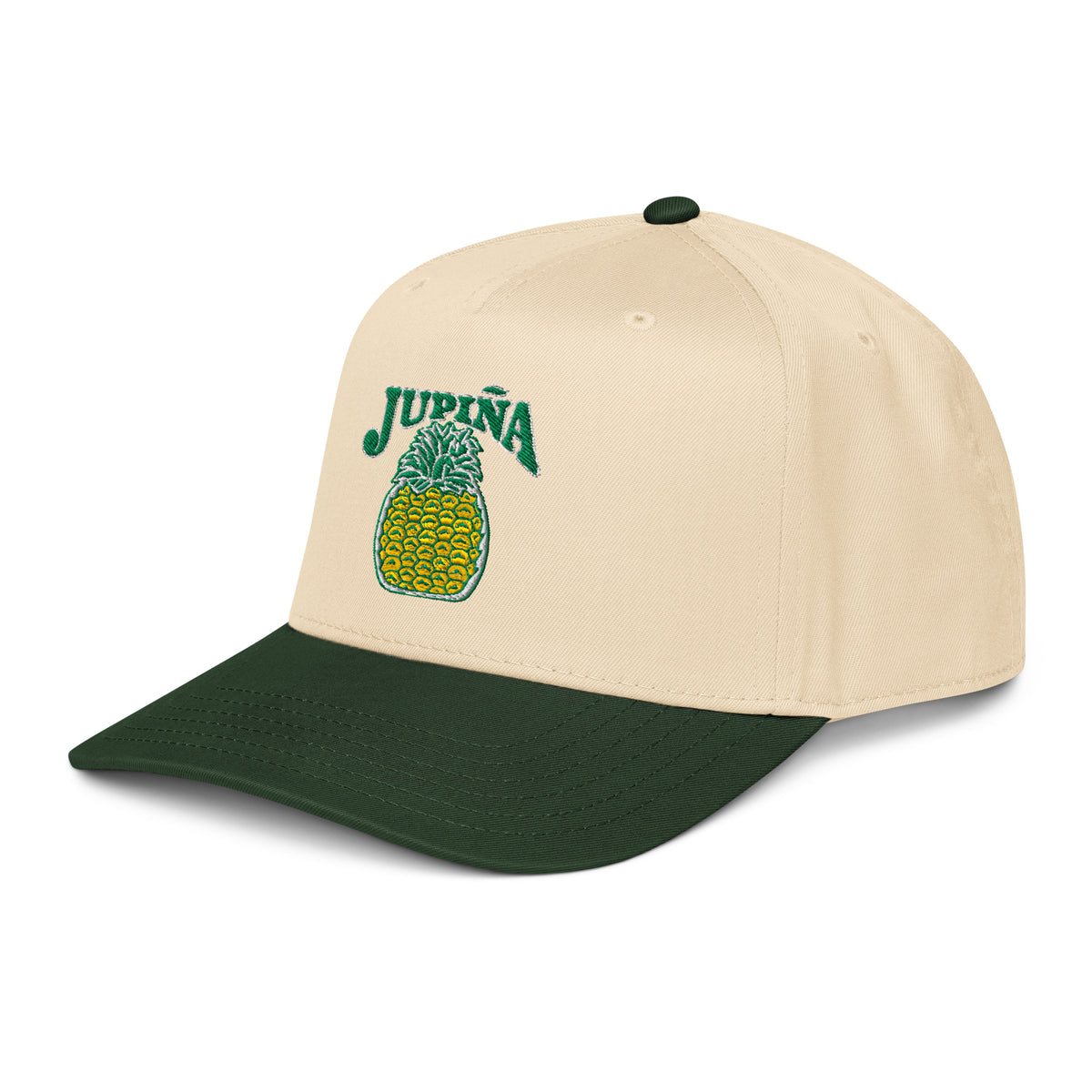 Jupina Baseball Cap in dark green with a natural crown, angled front-left view