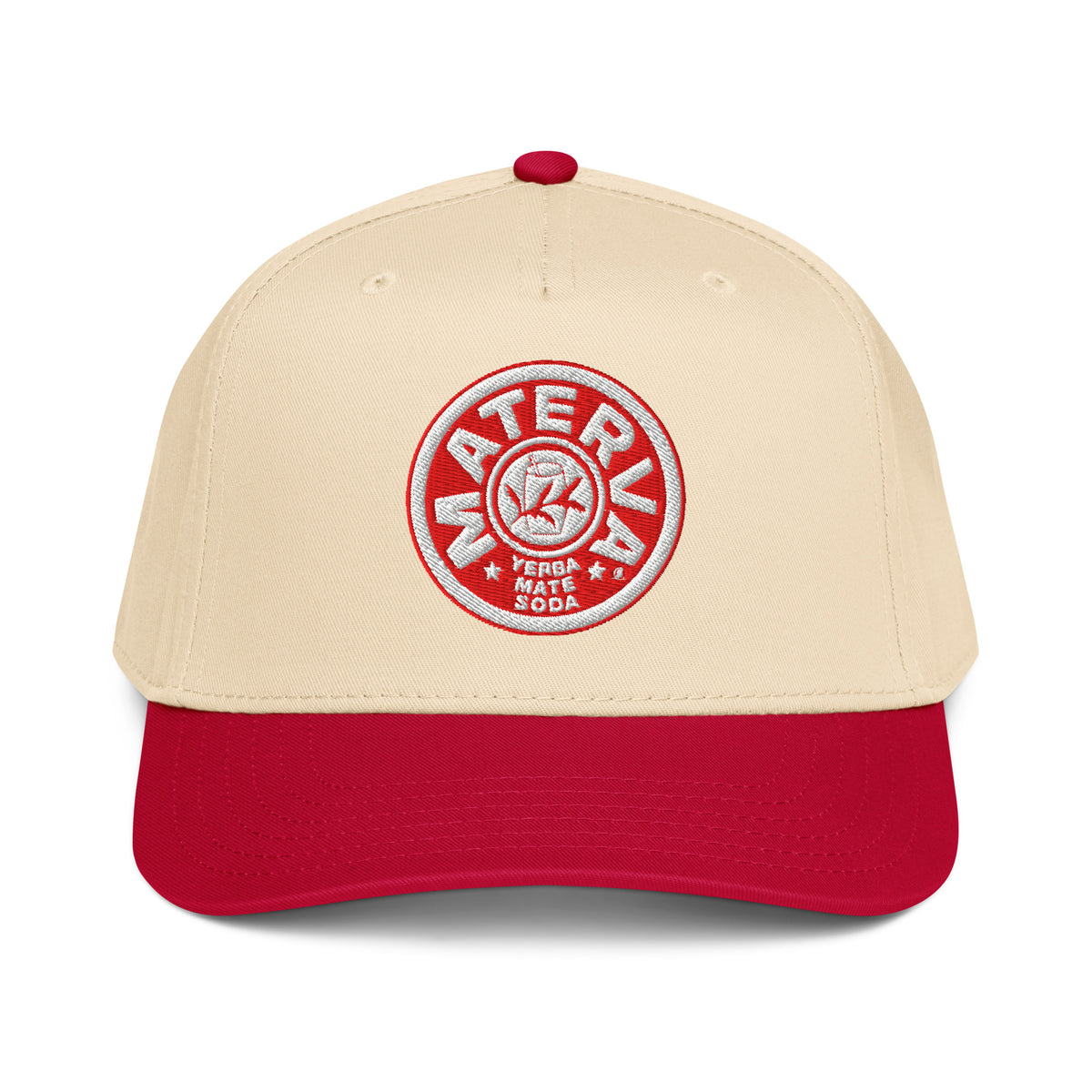 Materva Baseball Cap in red with a natural crown, front view
