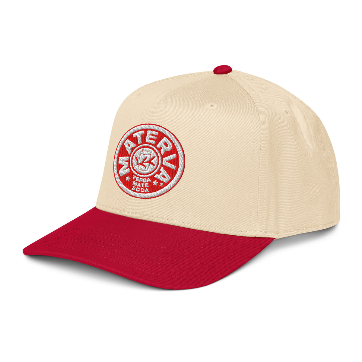Materva Baseball Cap in red with a natural crown, angled front-left view