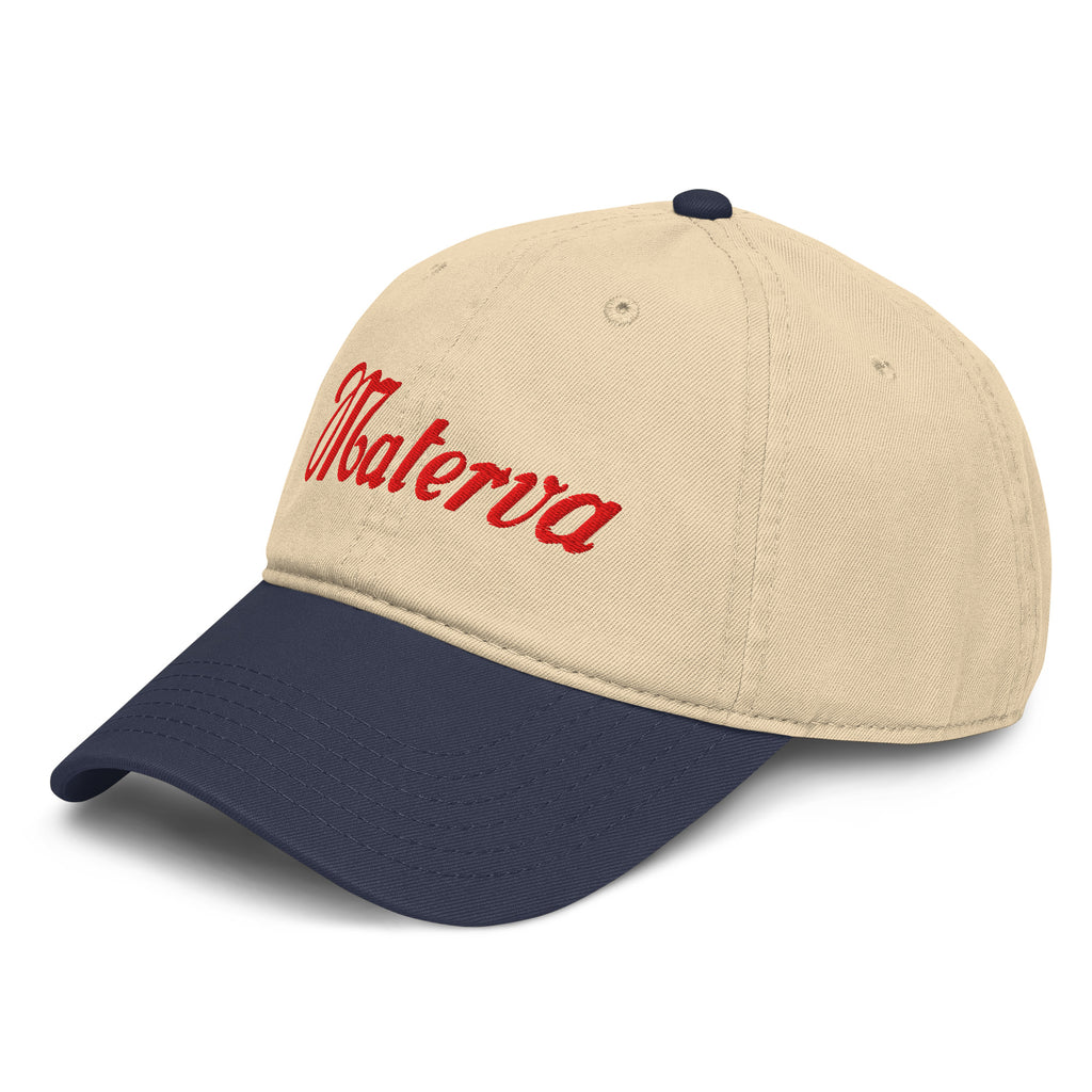 Vintage Materva Dad Cap in navy and khaki, angled front-left view