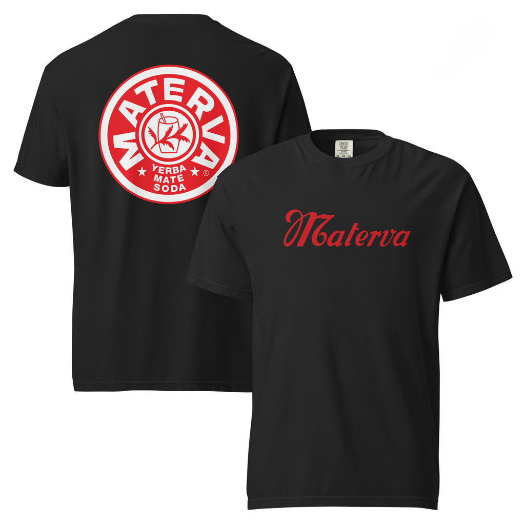 Vintage Materva Logo Tee in black, shown front and back
