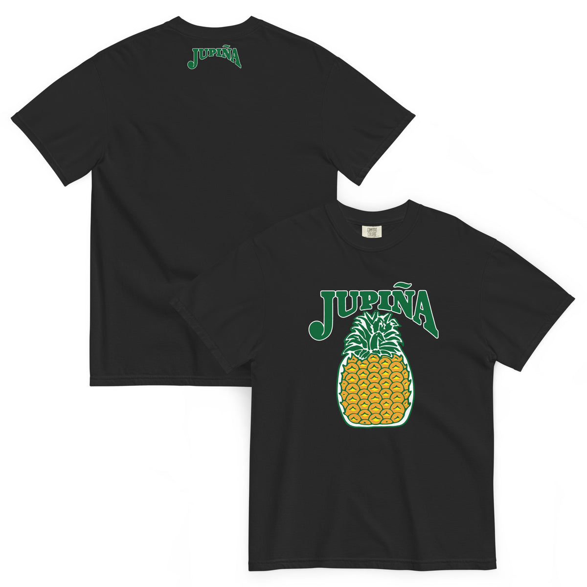 Jupina Front Logo Tee in black, shown front and back