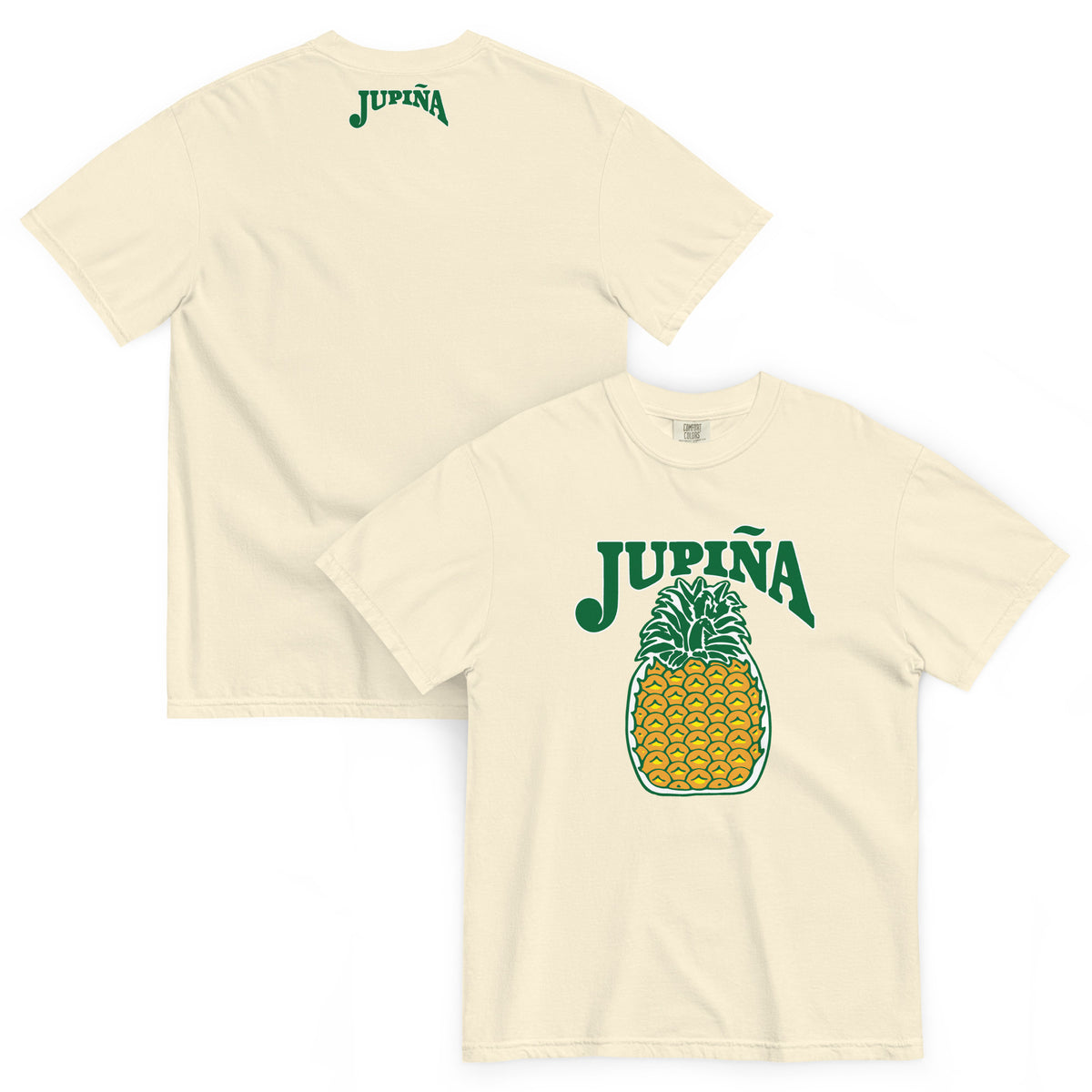 Jupina Front Logo Tee in ivory, shown front and back