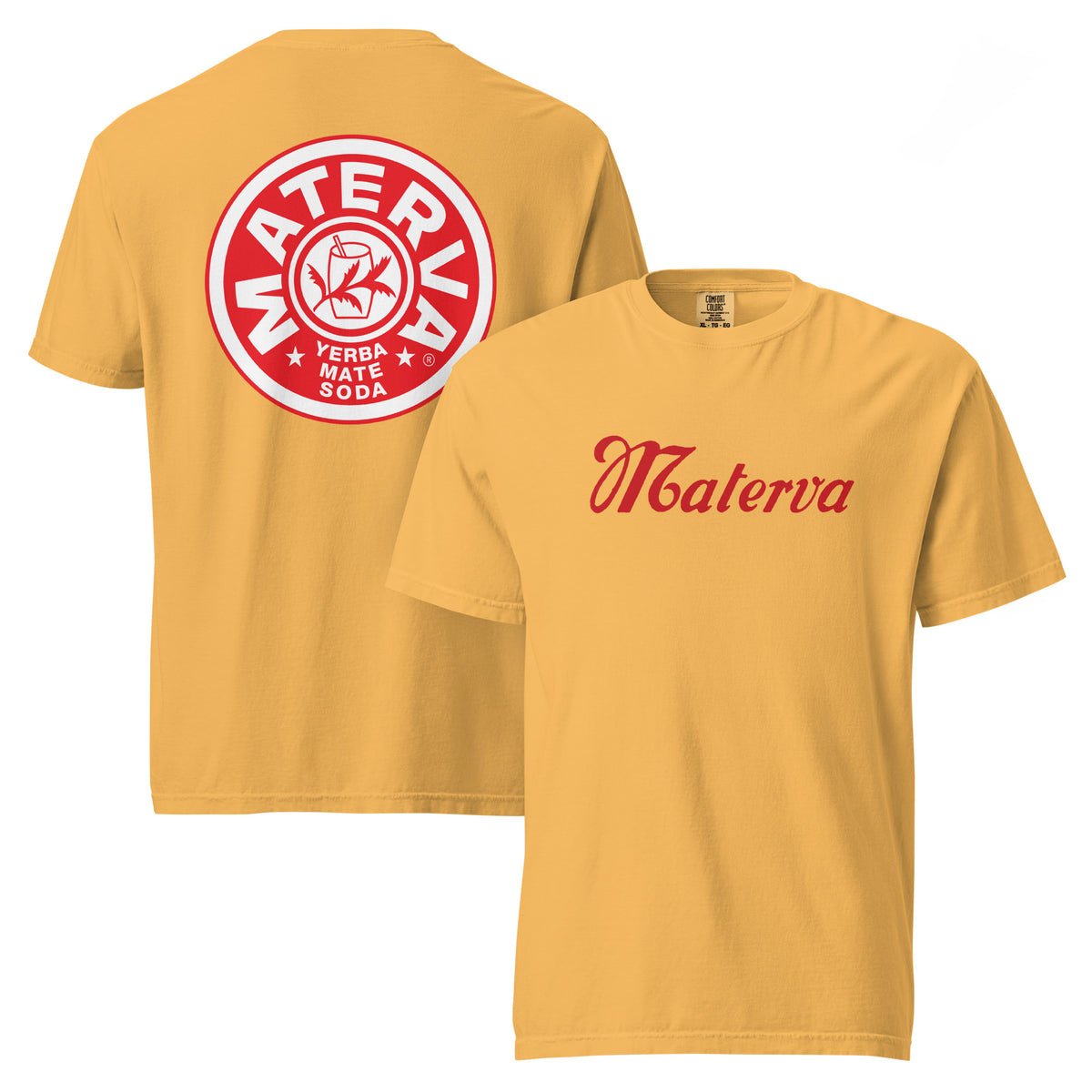 Vintage Materva Logo Tee in mustard, shown front and back