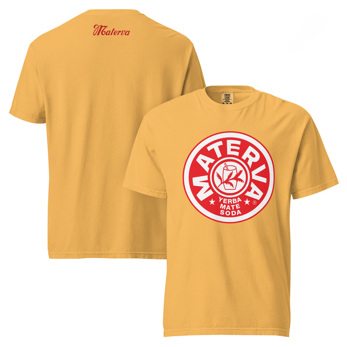 Front Logo garment-dyed heavyweight t-shirt in mustard, shown front and back