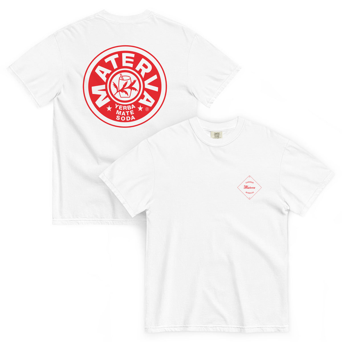 Throwback Bottle Logo Tee in white, shown front and back