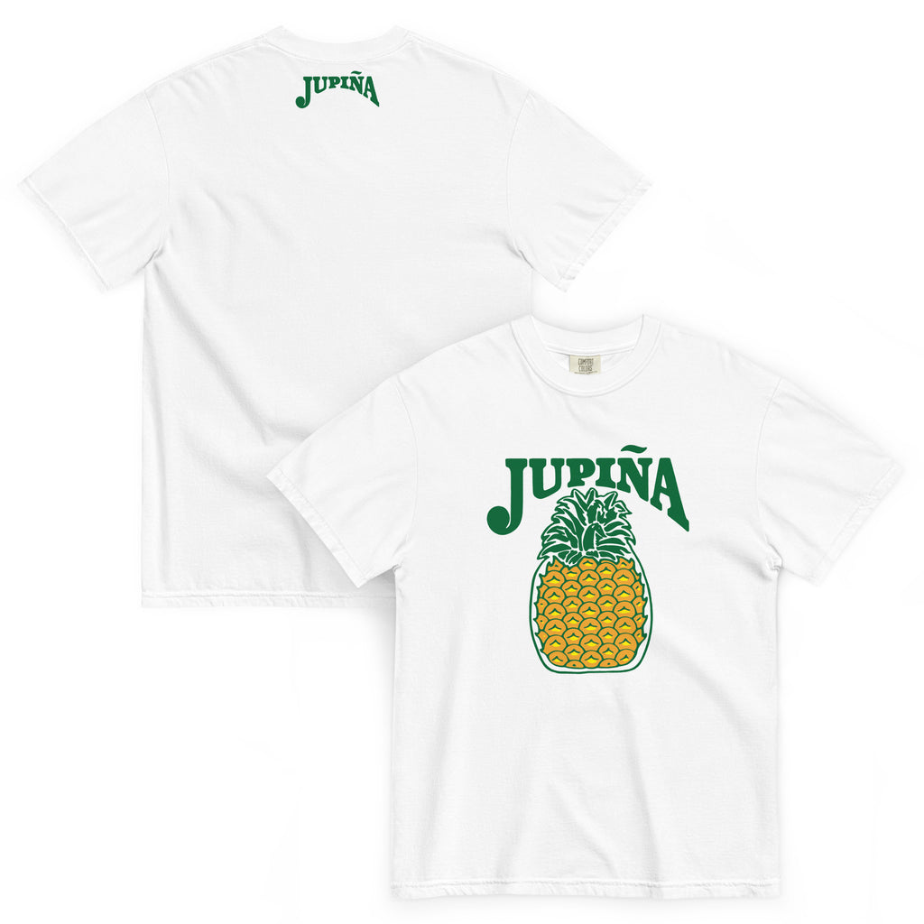Jupina Front Logo Tee in white, shown front and back