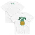 Jupina Front Logo Tee in white, shown front and back